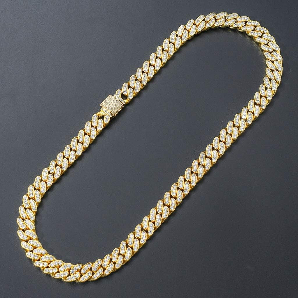 Gold Cuban Chain for Men,Hip Hop 13Mm 14K Gold Plated Iced Out Lab Diamond Miami Cuban Link Chain Necklace,Full Cz Diamond Cut
