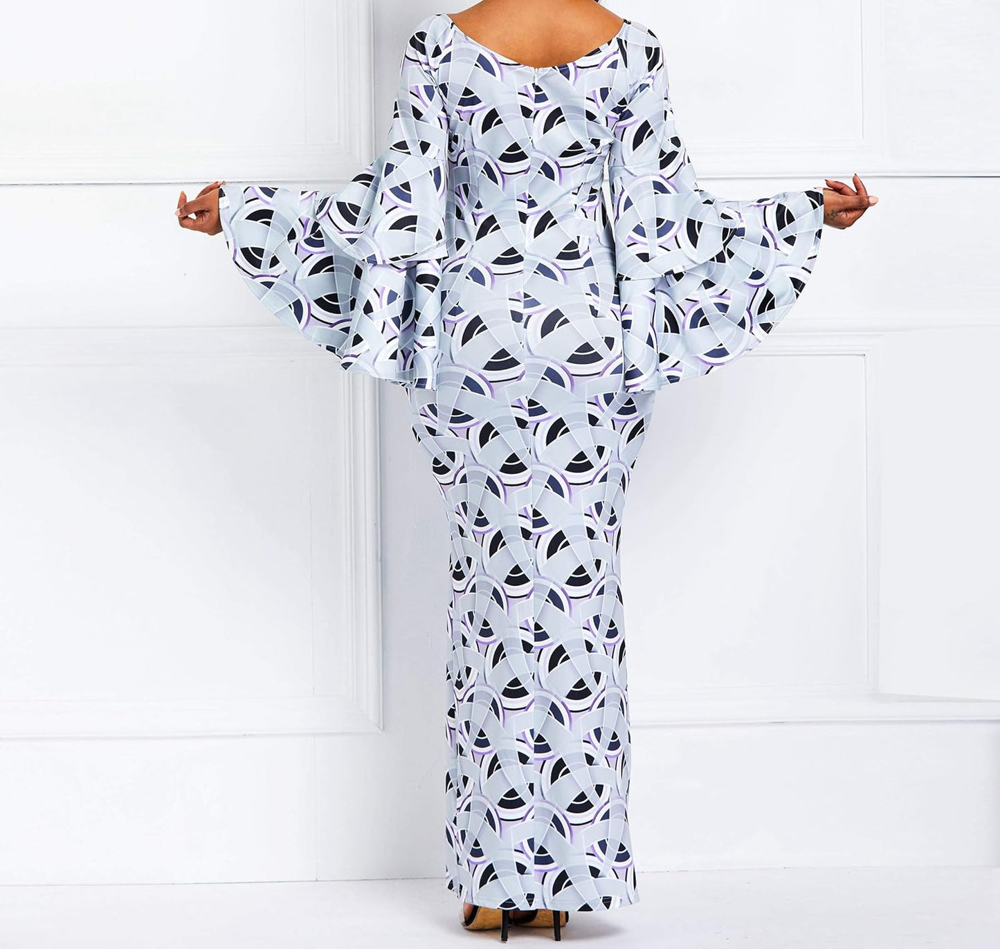 Bodycon Dress for Women Ruffle Long Sleeve Print Maxi Dress Wrap Party Dress Long Dress