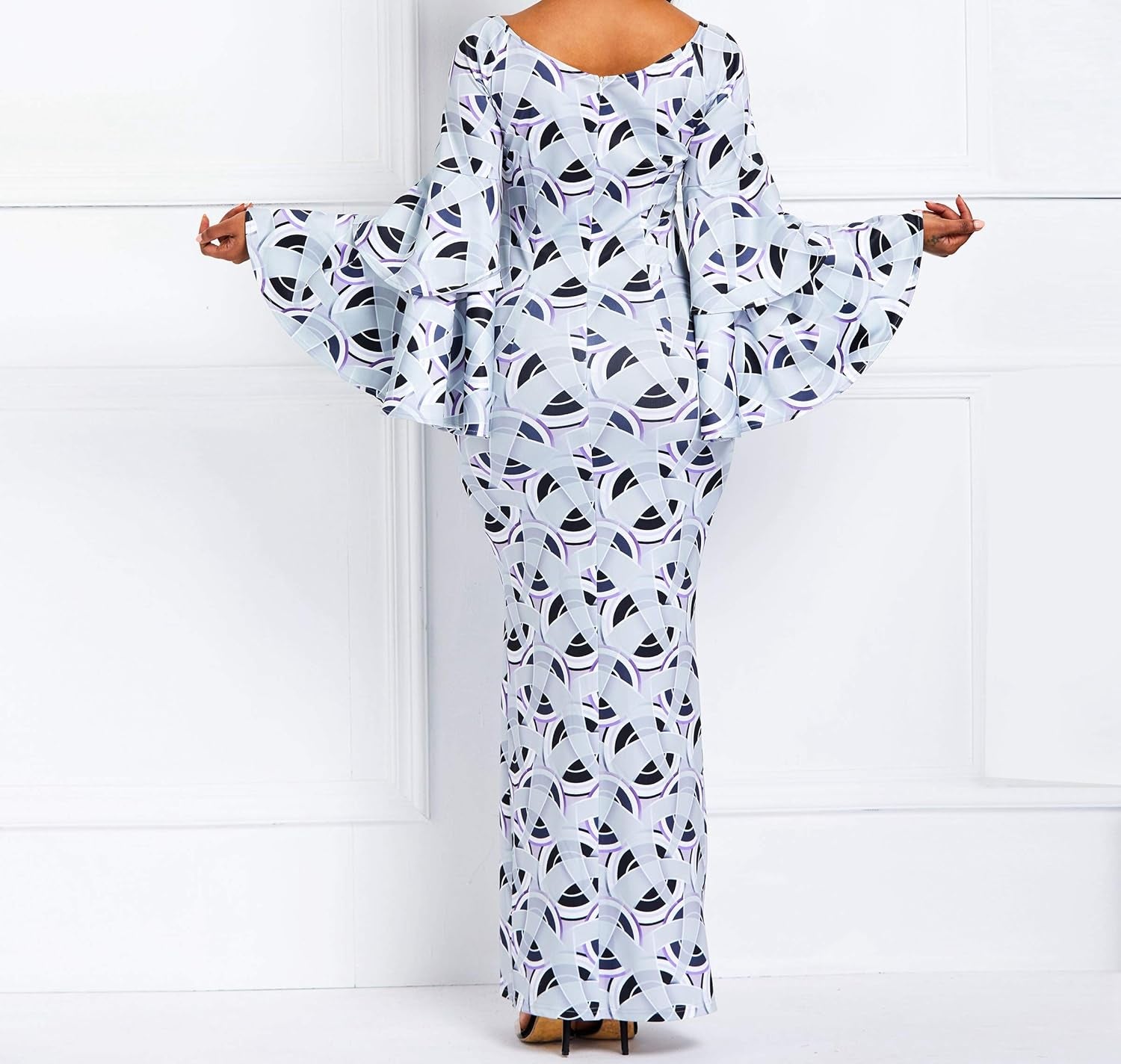 Bodycon Dress for Women Ruffle Long Sleeve Print Maxi Dress Wrap Party Dress Long Dress