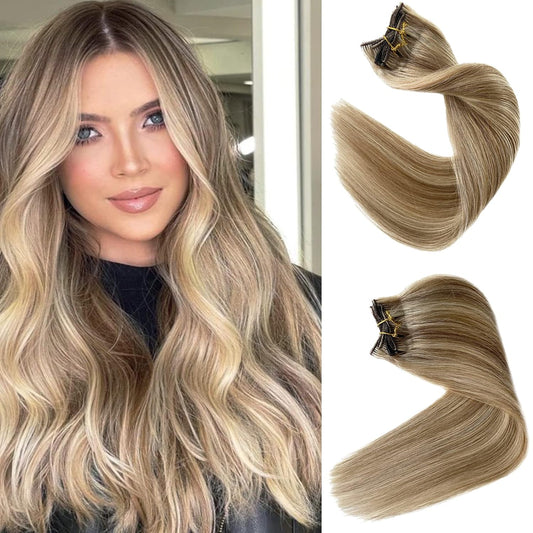 Remy Clip in Extensions Human Hair Natural 16Inch Blonde to Light Blonde Highlight Clip in Hair Extensions 7 Pieces Seamless Clips for Blonde Remy Extensions 70G for Women, 2.4692 Ounce