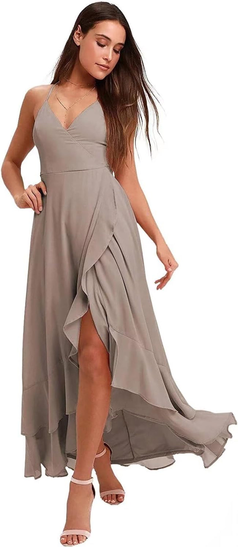 Spaghetti Strap Chiffon Bridesmaid Dresses Long for Women V Neck Slit High Low Formal Maxi Gown