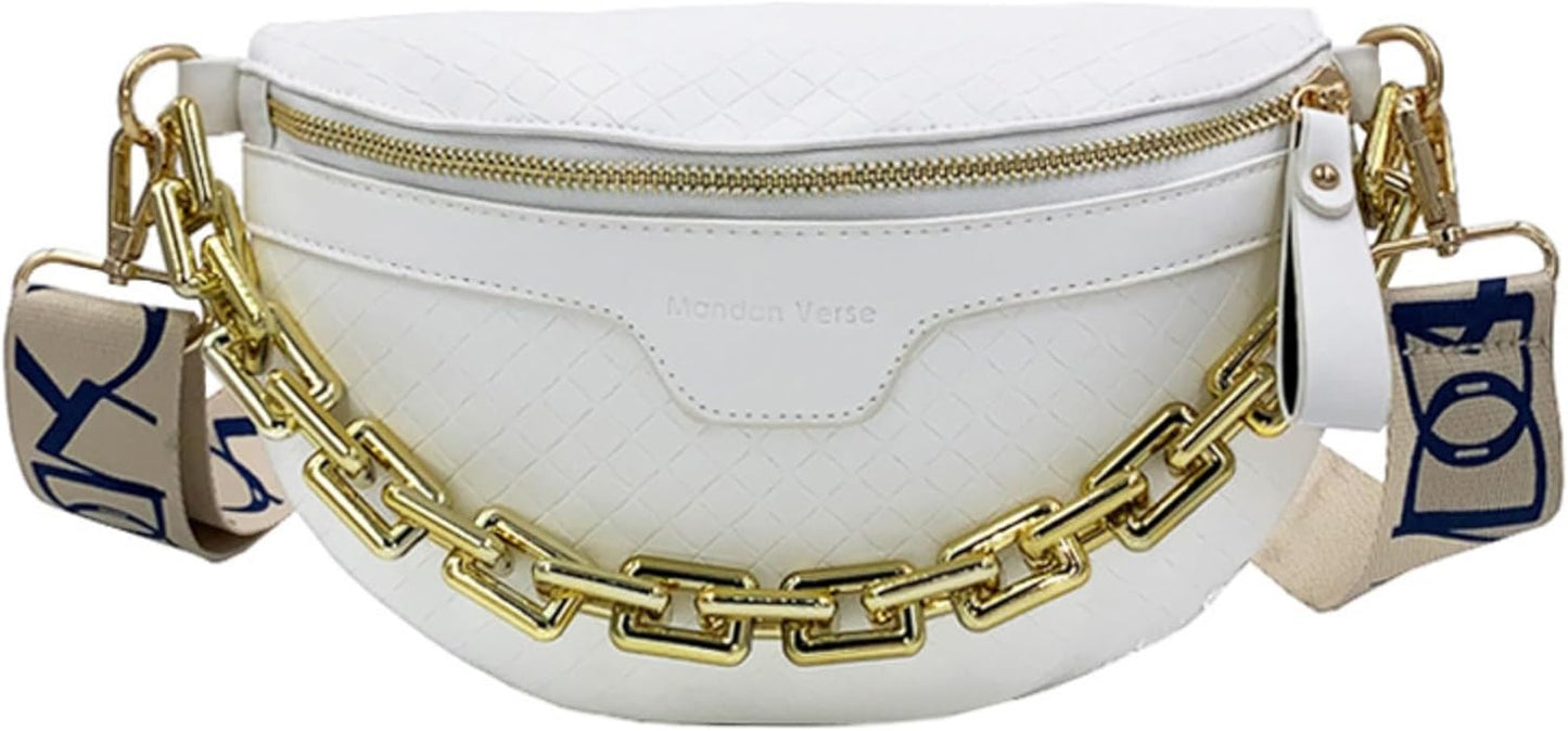 Thick Chain Women'S Fanny Pack Plaid Leather Waist Bag Shoulder Crossbody Chest Bags Luxury Designer Handbags Female Belt Bag (Black)