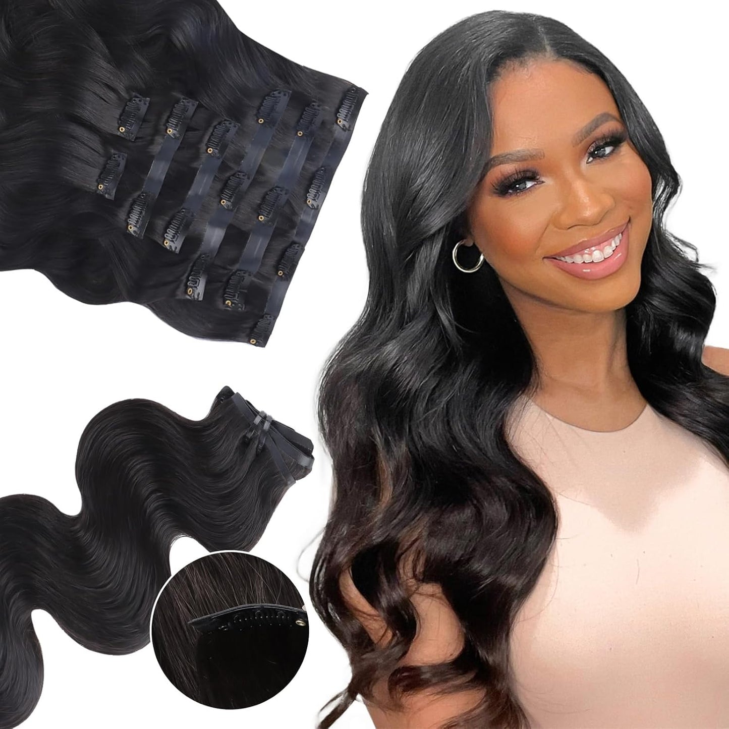 Seamless Clip in Hair Extensions - Human Hair Kinky Curly, 14 Inch 110G Natural Black, Ultra-Thin 0.8Mm PU Weft Real Human Hair Clip Ins
