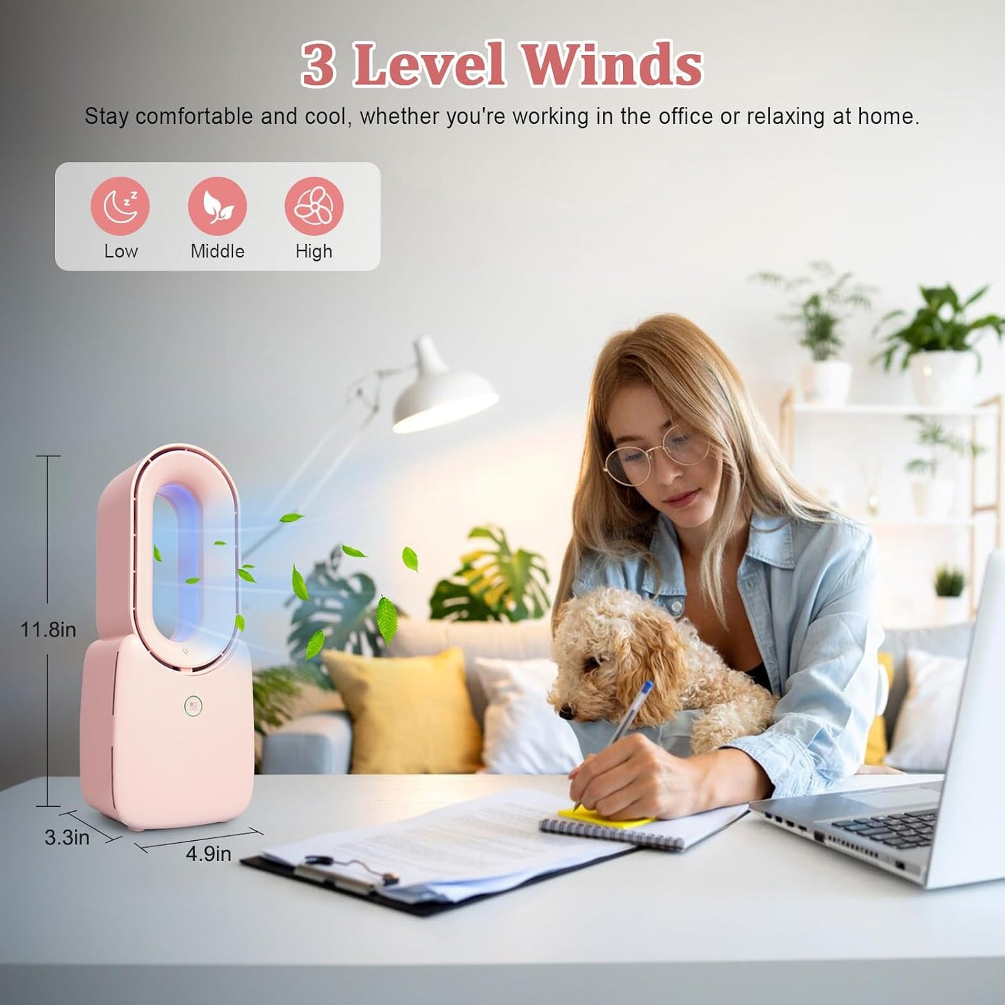 CONBOLA Small Tower Fan, 11.8 Inch Personal Portable Fan Rechargeable, USB Quiet Bladeless Desk Fan with 3 Speeds, Battery Operated Fan with Decorative LED for Office Bedroom Outdoor Table Home(Pink)