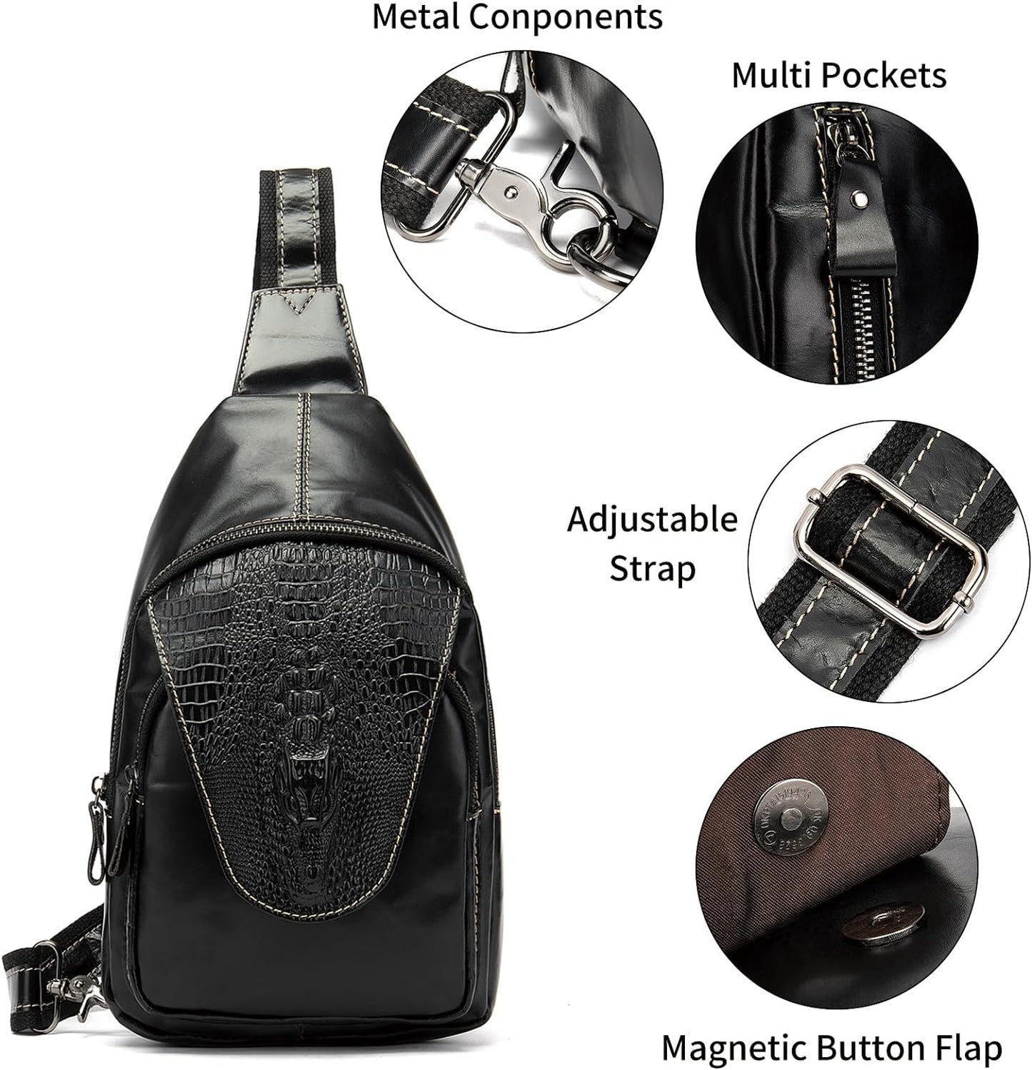 NIUCUNZH Handmade Genuine Leather Crossbody Sling Bag Crocodile Embossing Chest Bag Waterproof Shoulder Bag