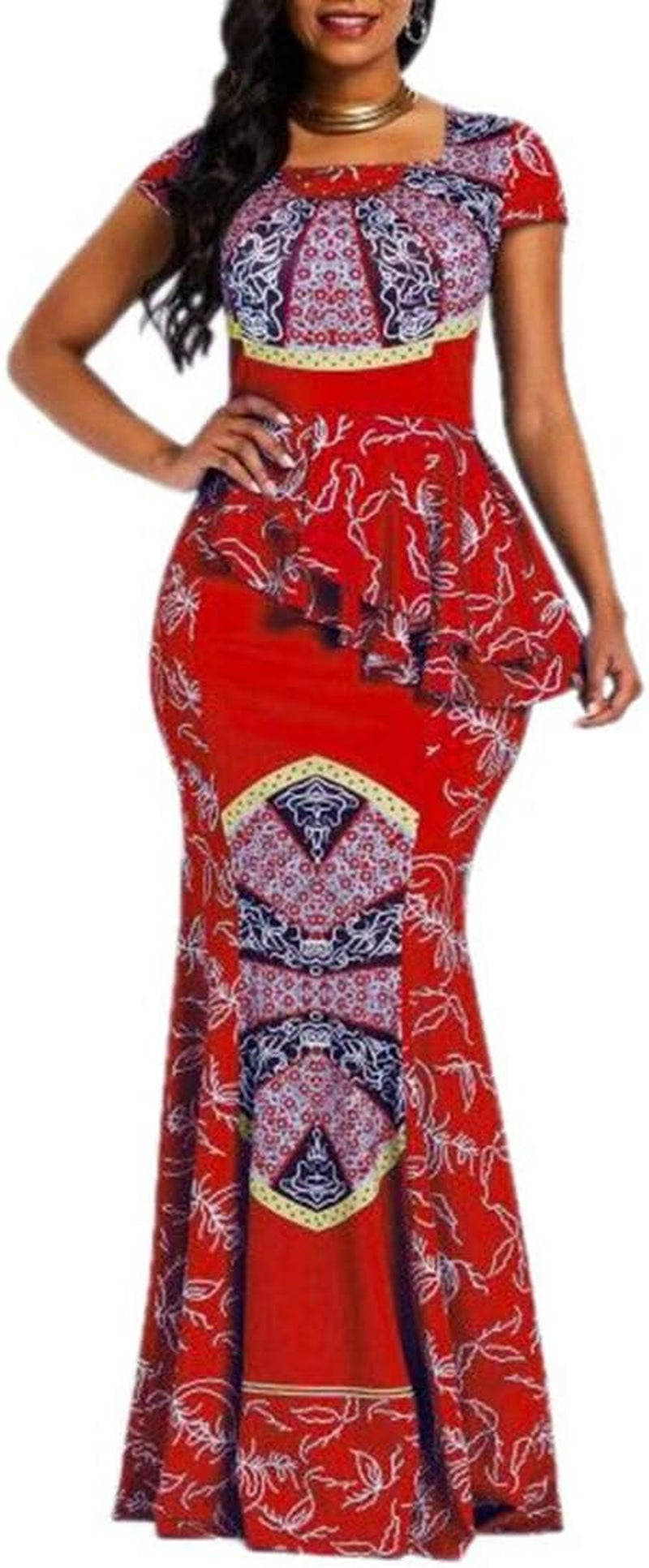 African Dress Cap Sleeve Square Neck Floor-Length Geometric Mermaid Maxi Dress Long Dress