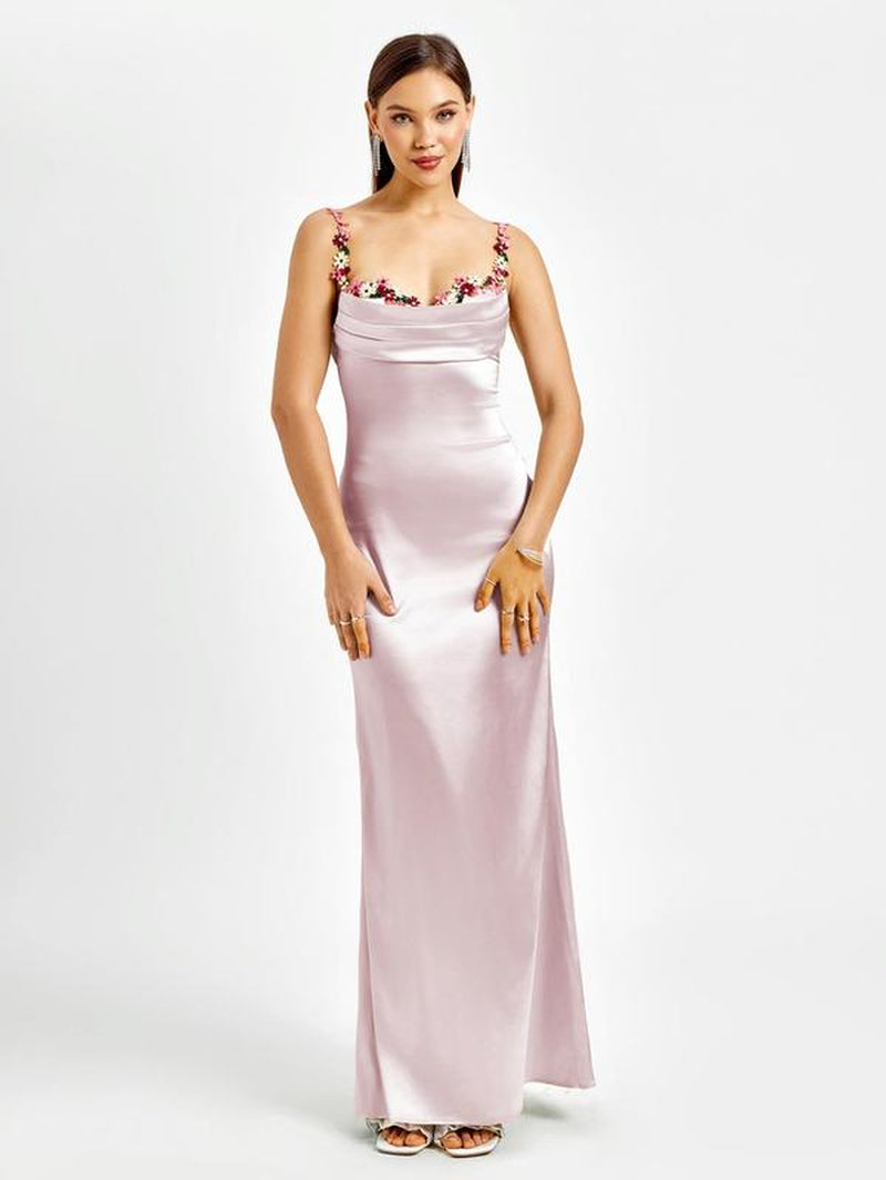 Parthea Backless Floral Embroidery Splicing Back Tie Mermaid Hem Bodycon Cami Dress,Suitable for Dates, Parties, Vacations and Formal Dinners
