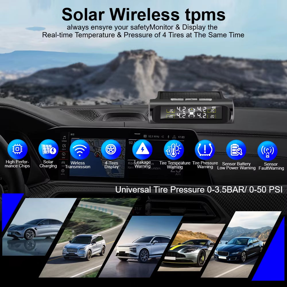 Car TPMS Tyre Pressure Monitoring System Solar Power Auto Security Alarm Systems Tyre Pressure Digital LCD Display