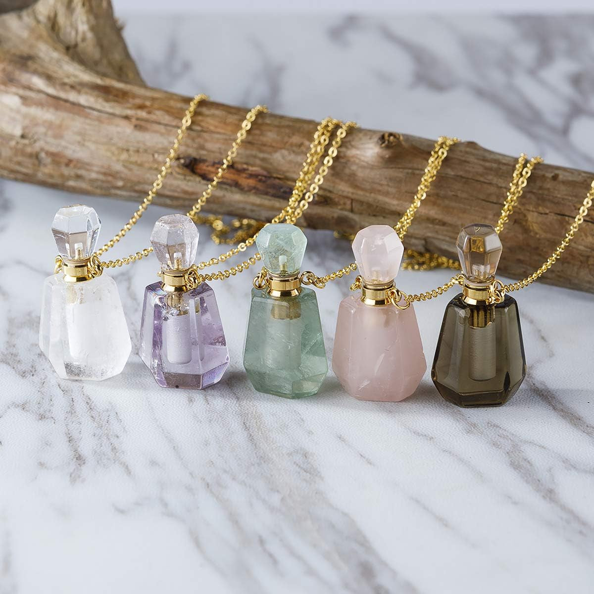Gemstone Crystal Perfume Bottle Diffuser Necklace - Stylish Aromatherapy Essential Oil Locket Pendant for Travel and Fragrance