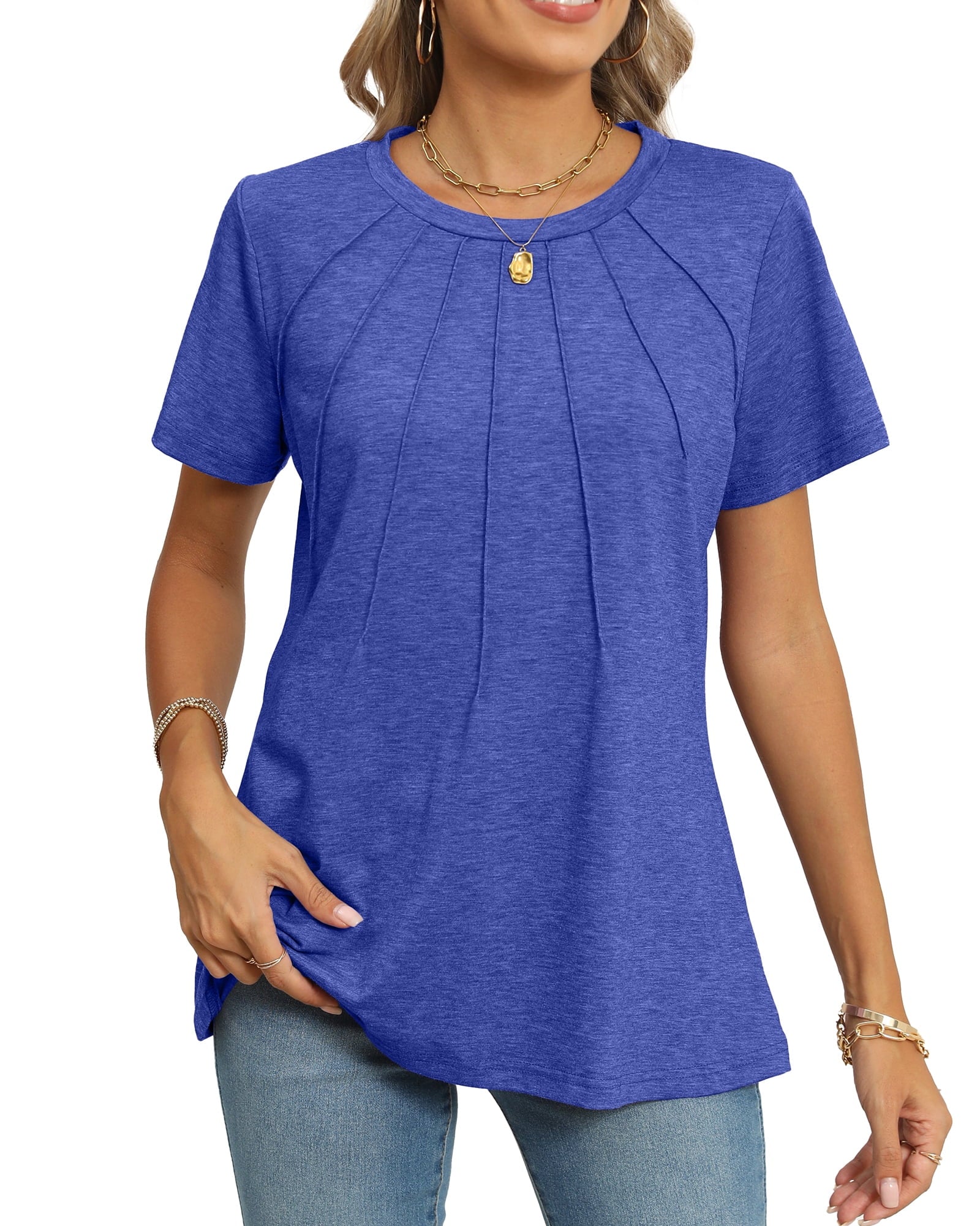 Blouses for Women Short Sleeve Shirts Casual Dressy Summer Tops with Pleats