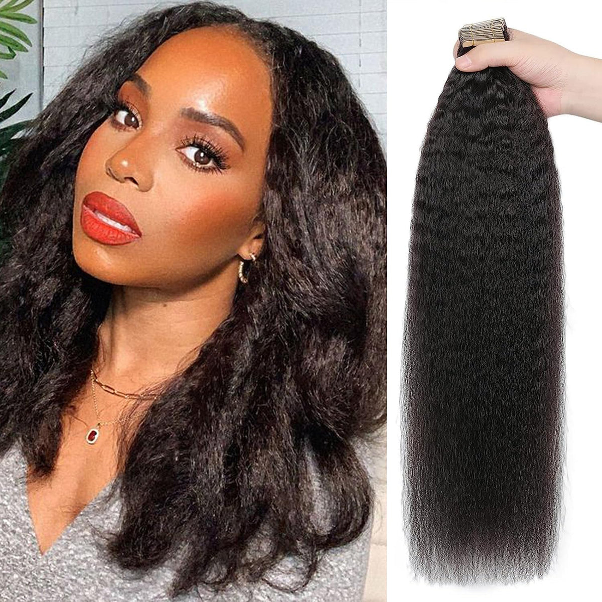 60PCS Tape in Hair Extensions Real Human Hair Kinky Straight Tape in Extensions Invisible Seamless Skin Weft Yaki Straight Human Hair Tape Ins for Black Women 12 Inch