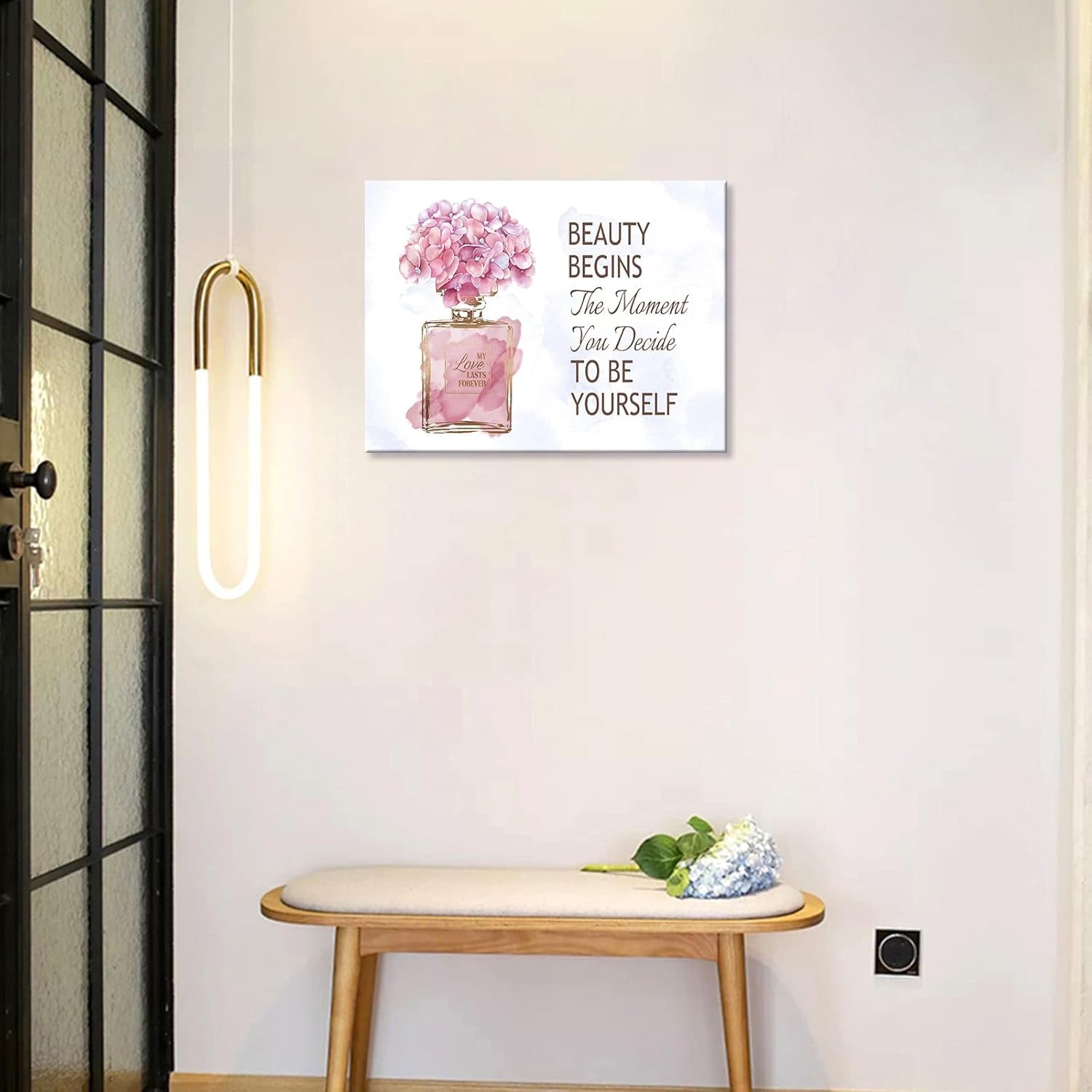 Elegant Gold Bottle & Pink Flower Canvas Wall Art - Inspirational Quotes for Bathroom, Bedroom & Powder Room - 16" x 12