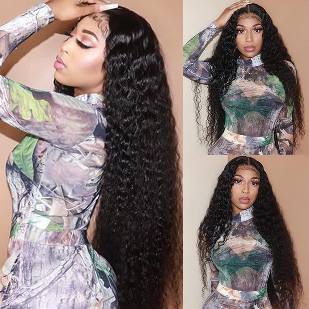 28 Inch Glueless Curly Wave Human Hair Lace Front Wig Pre Plucked Brazilian Curly 4X4 Lace Closure Wigs with Baby Hair 9A Glueless Wet and Wavy Lace Front Wigs 150% Density Virgin Hair Lace Wigs