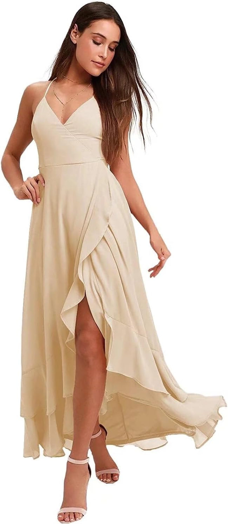 Spaghetti Strap Chiffon Bridesmaid Dresses Long for Women V Neck Slit High Low Formal Maxi Gown