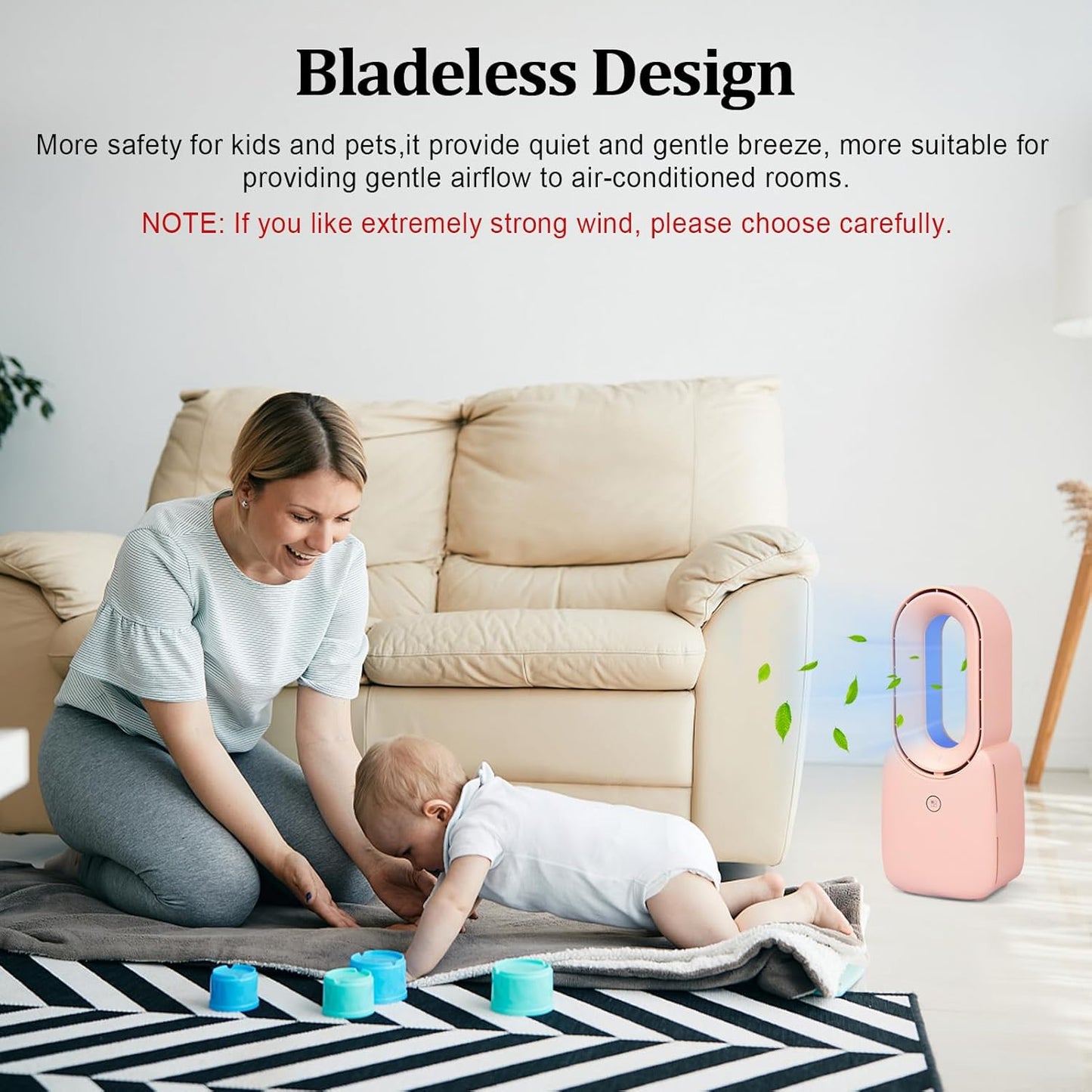 CONBOLA Small Tower Fan, 11.8 Inch Personal Portable Fan Rechargeable, USB Quiet Bladeless Desk Fan with 3 Speeds, Battery Operated Fan with Decorative LED for Office Bedroom Outdoor Table Home(Pink)