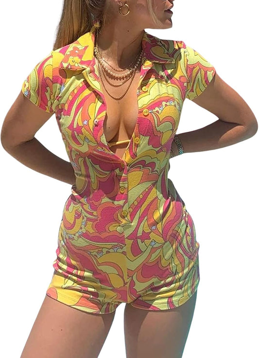 Women Short Sleeve Jumpsuit Bodycon Rompers Sexy V Neck Buttons Polo One Piece Bodysuit Knitted Overalls