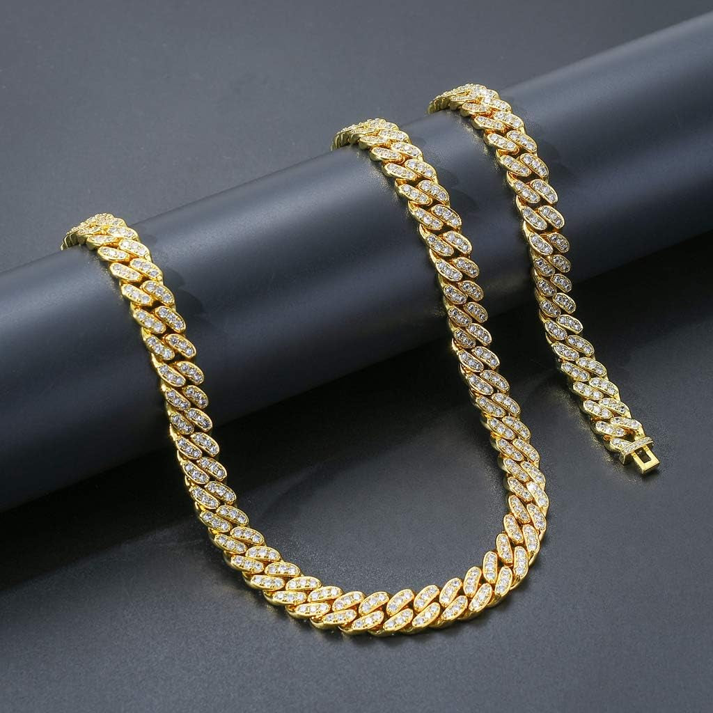 Gold Cuban Chain for Men,Hip Hop 13Mm 14K Gold Plated Iced Out Lab Diamond Miami Cuban Link Chain Necklace,Full Cz Diamond Cut