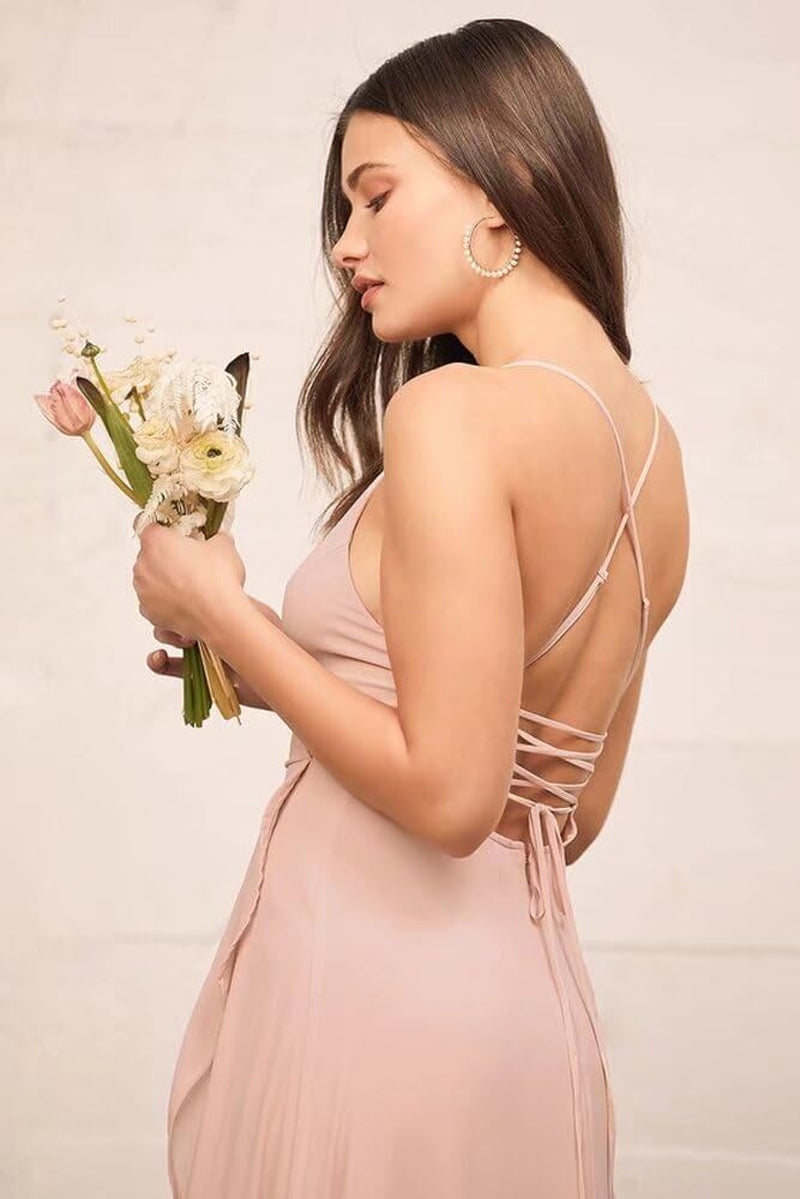 Spaghetti Strap Chiffon Bridesmaid Dresses Long for Women V Neck Slit High Low Formal Maxi Gown
