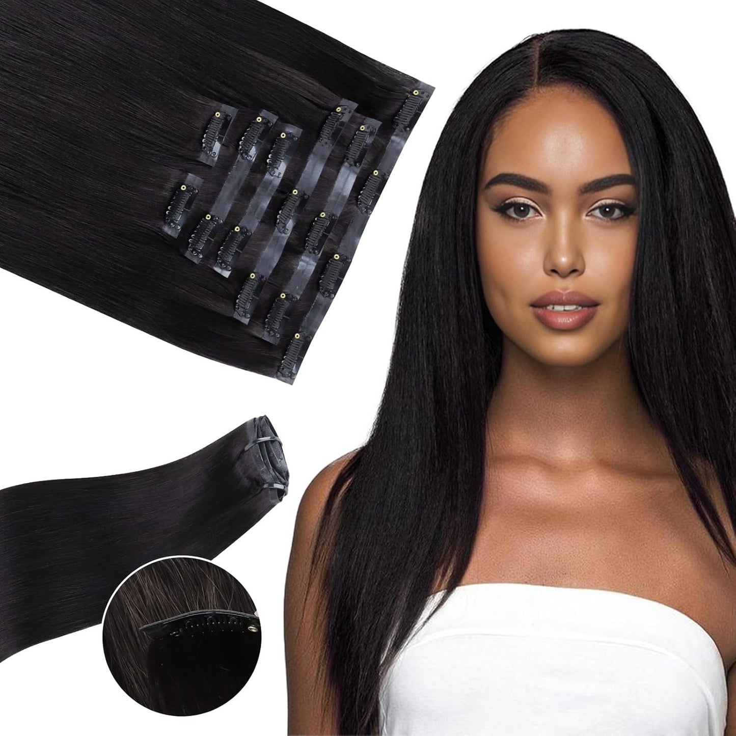 Seamless Clip in Hair Extensions - Human Hair Kinky Curly, 14 Inch 110G Natural Black, Ultra-Thin 0.8Mm PU Weft Real Human Hair Clip Ins