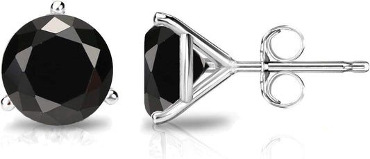 14K Gold Black round Stud Earring, Solitaire round Cubic Zirconia, Black CZ Stud Earrings with 14K Gold Butterfly Pushbacks,14K Yellow Gold and White Gold -3MM-8MM
