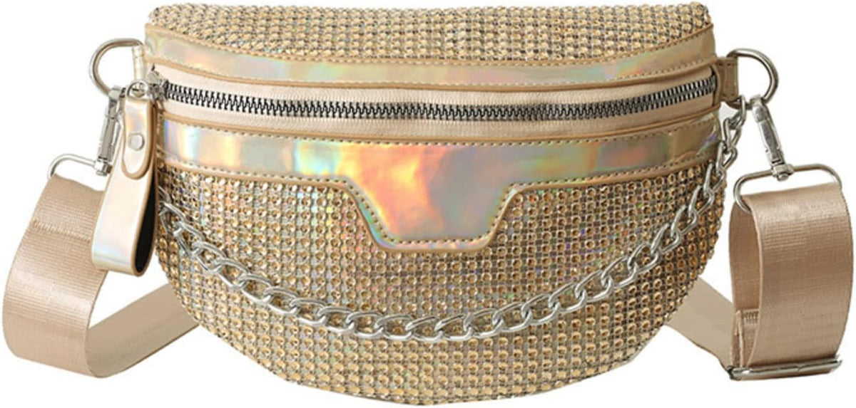 Thick Chain Women'S Fanny Pack Plaid Leather Waist Bag Shoulder Crossbody Chest Bags Luxury Designer Handbags Female Belt Bag (Black)
