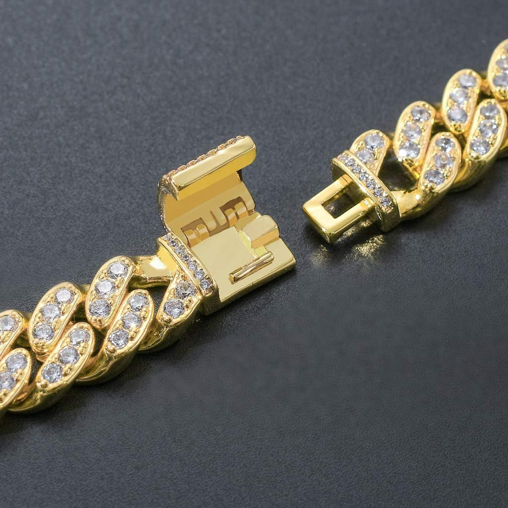 Gold Cuban Chain for Men,Hip Hop 13Mm 14K Gold Plated Iced Out Lab Diamond Miami Cuban Link Chain Necklace,Full Cz Diamond Cut