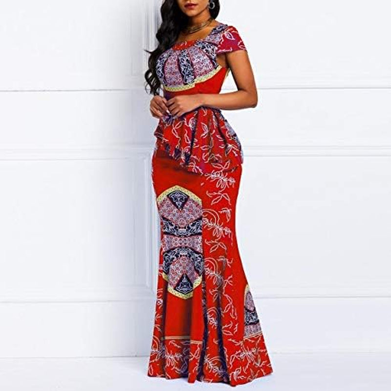 African Dress Cap Sleeve Square Neck Floor-Length Geometric Mermaid Maxi Dress Long Dress