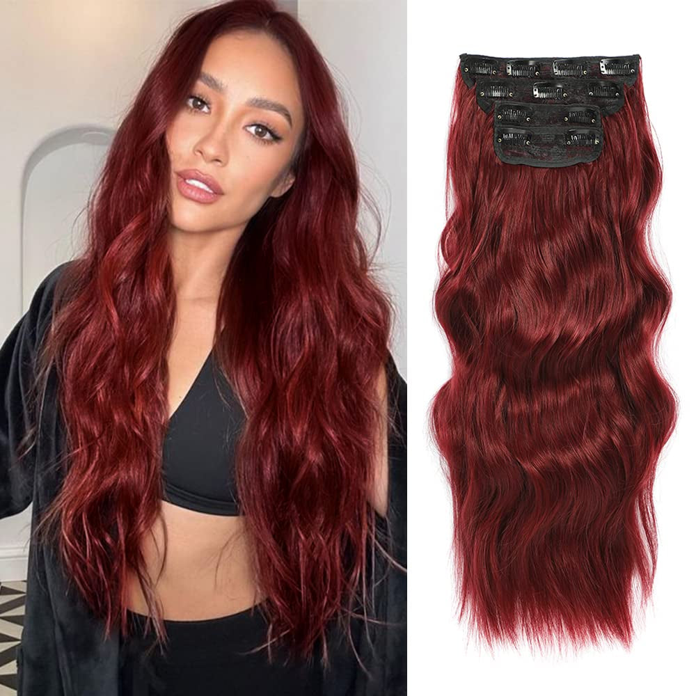 4PCS Clip in Hair Extensions 20Inch Black Hair Extensions Long Wavy Hair Extensions Clip Ins Synthetic Thick Hair Piece for Women(Black)