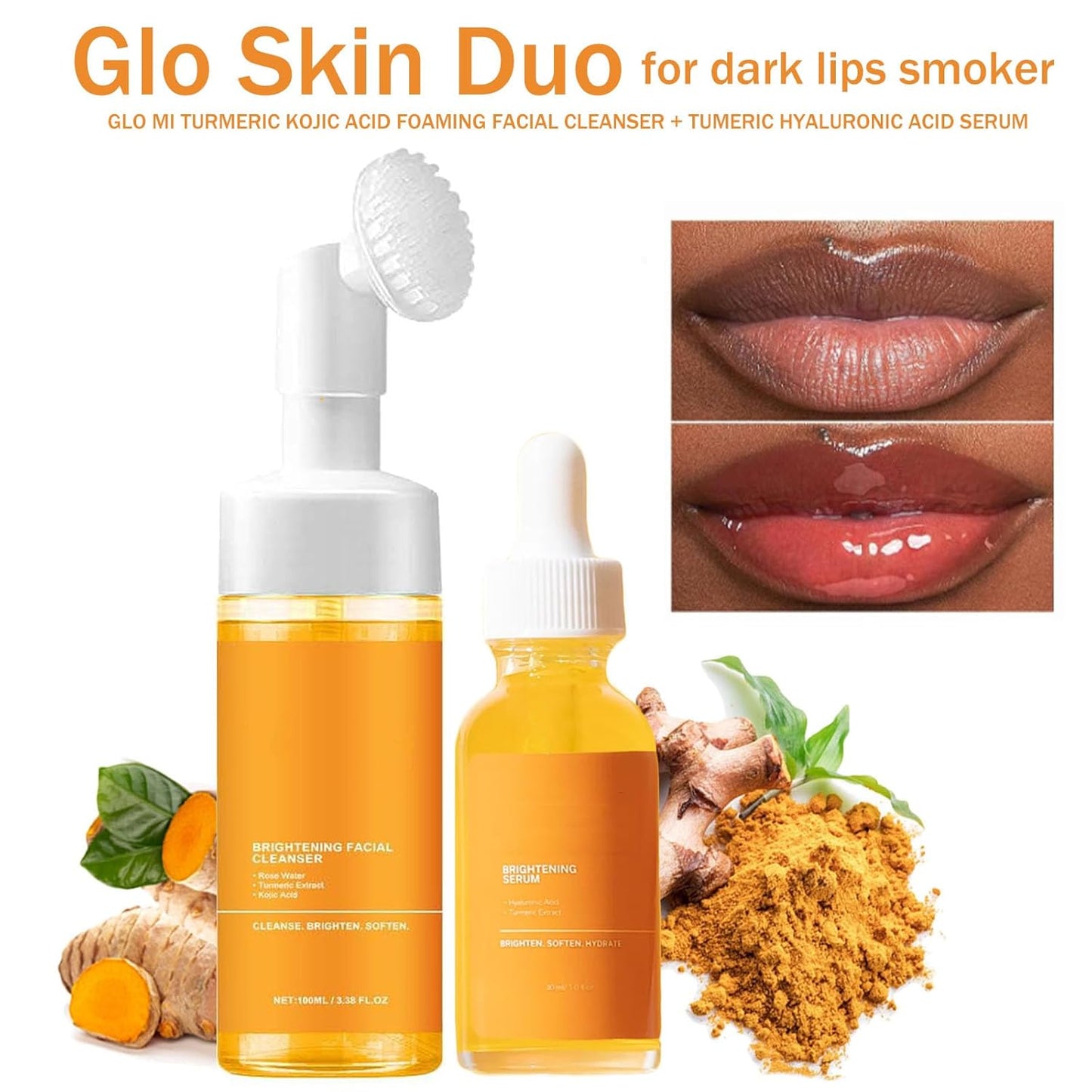 Turmeric Face Wash & Brush Combo - Deep Cleansing Foaming Cleanser & Serum for All Skin Types, Exfoliating & Moisturizing for Radiant Skin