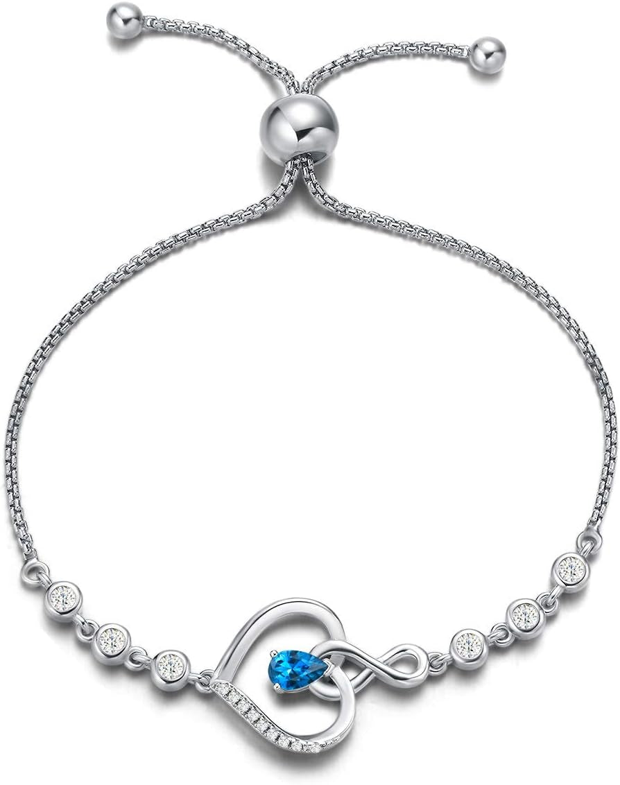 AGVANA Heart Birthstone Bracelets for Women Sterling Silver Genuine or Created Gemstone Tennis Bracelet Infinity Love Jewelry Anniversary Birthday Gifts for Wife Mom Women