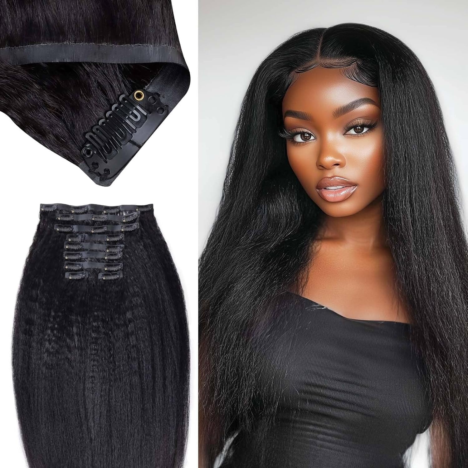 Seamless Clip in Hair Extensions - Human Hair Kinky Curly, 14 Inch 110G Natural Black, Ultra-Thin 0.8Mm PU Weft Real Human Hair Clip Ins