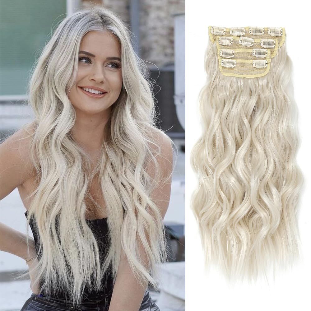 4PCS Clip in Hair Extensions 20Inch Black Hair Extensions Long Wavy Hair Extensions Clip Ins Synthetic Thick Hair Piece for Women(Black)