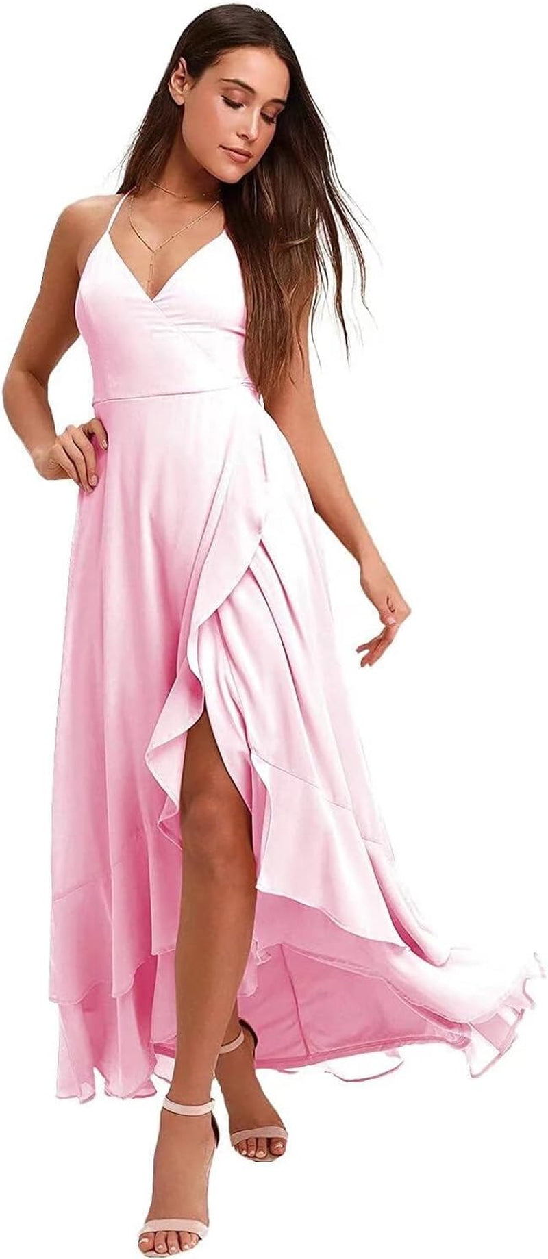 Spaghetti Strap Chiffon Bridesmaid Dresses Long for Women V Neck Slit High Low Formal Maxi Gown