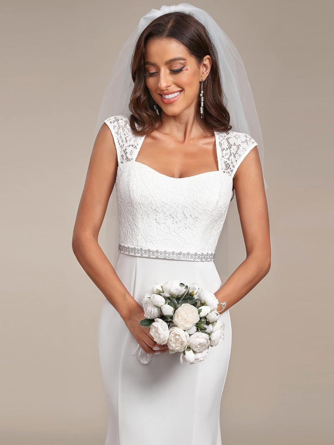 Ever-Pretty Women'S Elegant Lace Cap Sleeve V Neck Beading Mermaid Wedding Dresses for Bride 00218