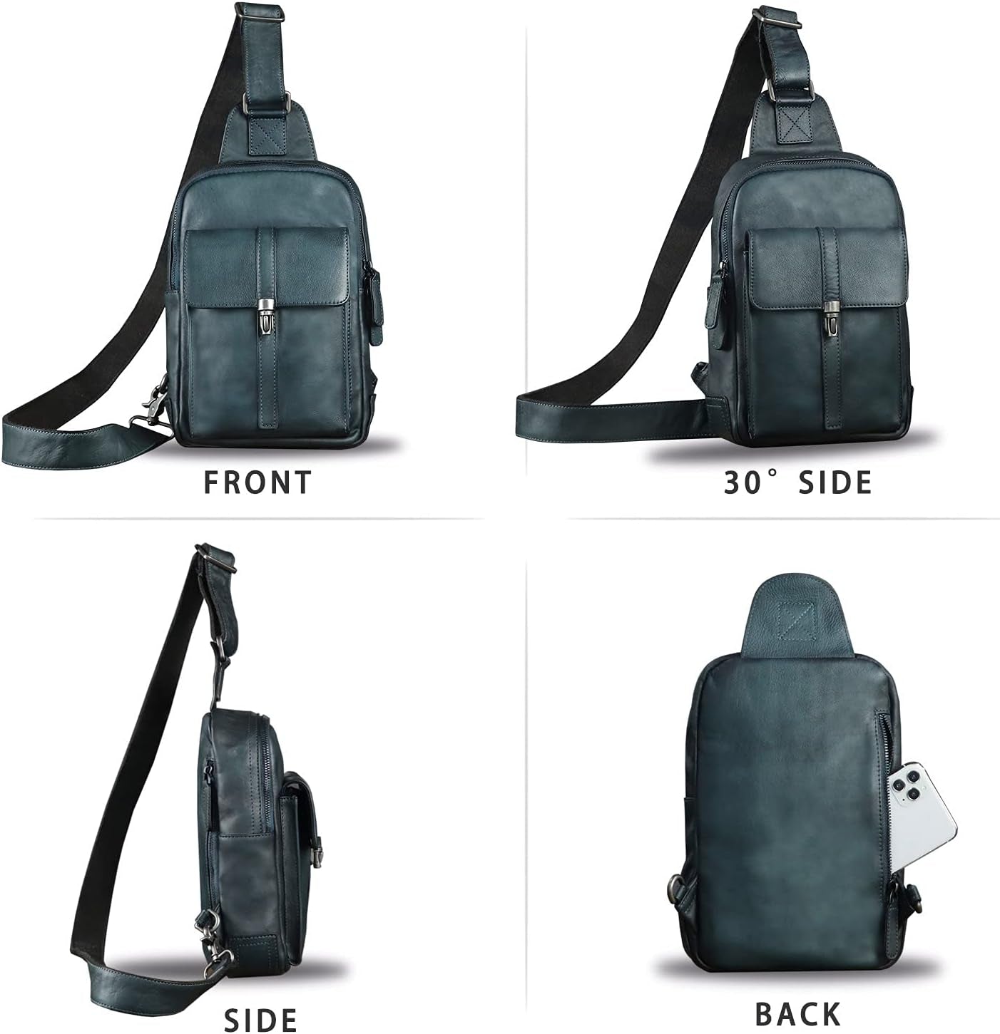IVTG Genuine Leather Sling Bag Casual Shoulder Hiking Backpack Vintage Handmade Crossbody Bag Retro Chest Daypack (Navyblue)