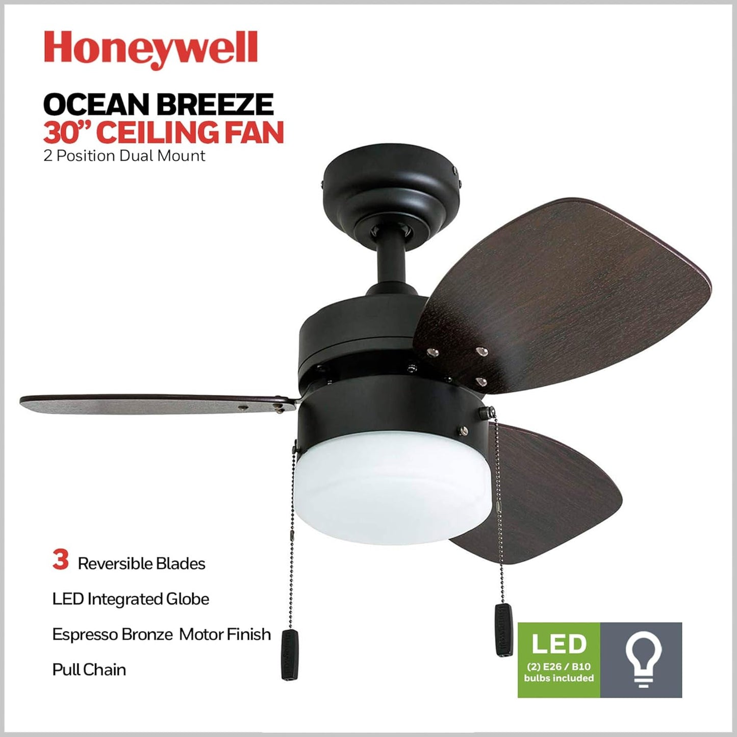 Honeywell Ceiling Fans Ocean Breeze Modern 30 Inch Ceiling Fan with Light, Pull Chain LED Indoor Fan with 3 Blades, Dark Brown Chestnut and Light Oak Blade Finish Options, Bronze (50602-01)
