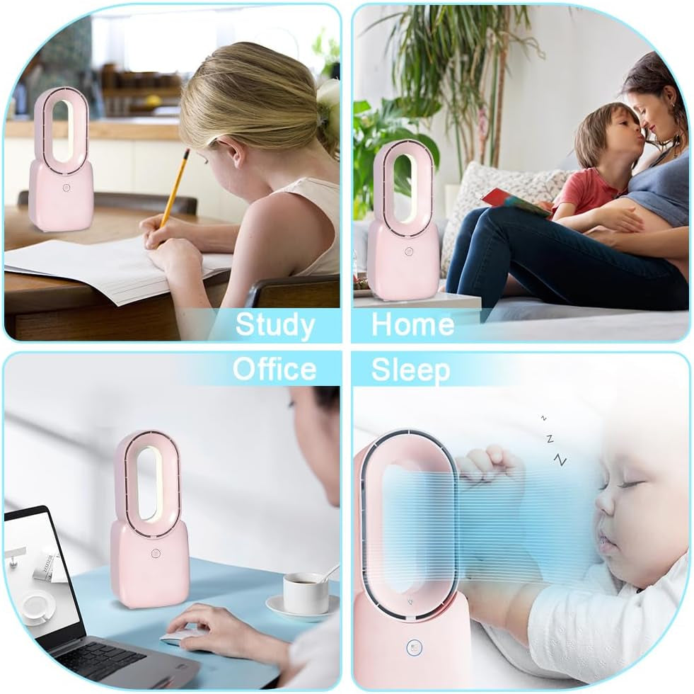 CONBOLA Small Tower Fan, 11.8 Inch Personal Portable Fan Rechargeable, USB Quiet Bladeless Desk Fan with 3 Speeds, Battery Operated Fan with Decorative LED for Office Bedroom Outdoor Table Home(Pink)