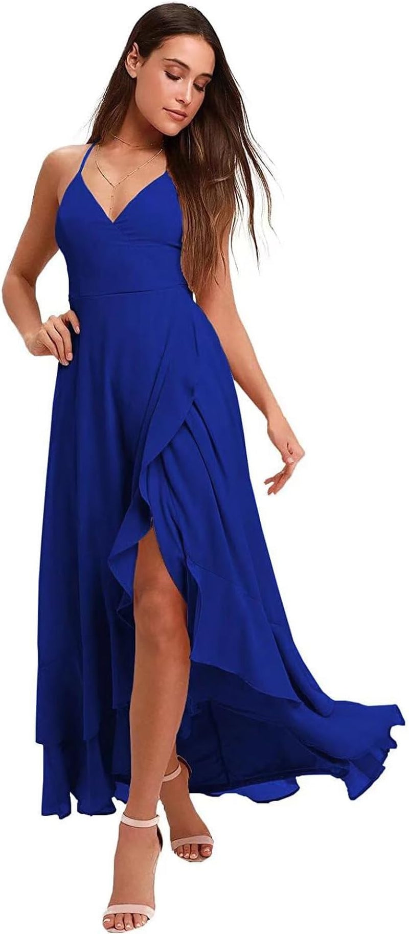 Spaghetti Strap Chiffon Bridesmaid Dresses Long for Women V Neck Slit High Low Formal Maxi Gown