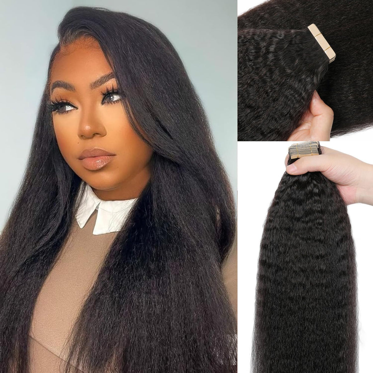 60PCS Tape in Hair Extensions Real Human Hair Kinky Straight Tape in Extensions Invisible Seamless Skin Weft Yaki Straight Human Hair Tape Ins for Black Women 12 Inch