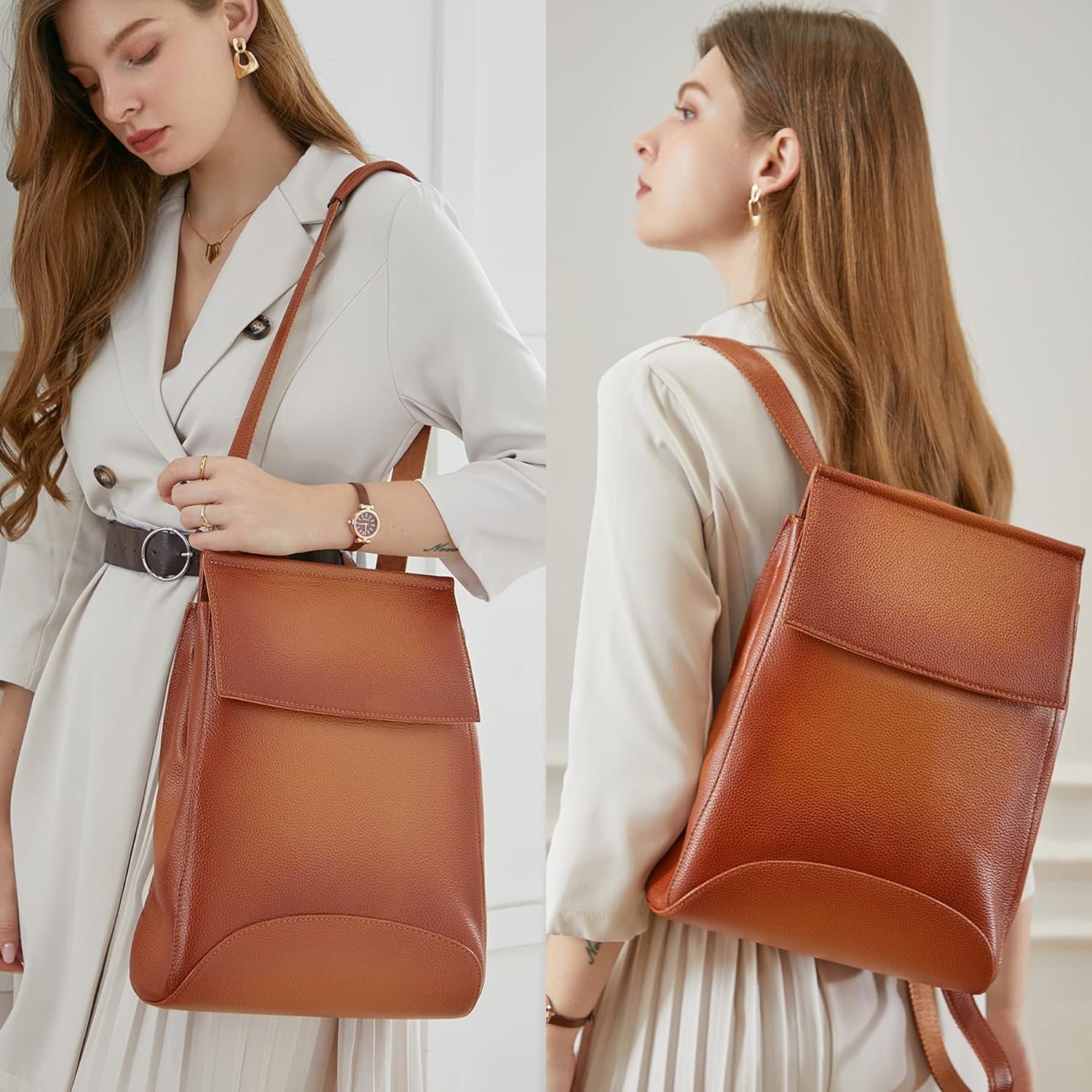 HESHE Genuine Leather Backpack Purse Convertible Womens Backpack Lightweight Work Bag Ladies Backpack(Sorrel)
