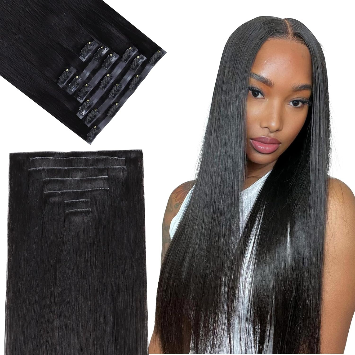 Seamless Clip in Hair Extensions - Human Hair Kinky Curly, 14 Inch 110G Natural Black, Ultra-Thin 0.8Mm PU Weft Real Human Hair Clip Ins