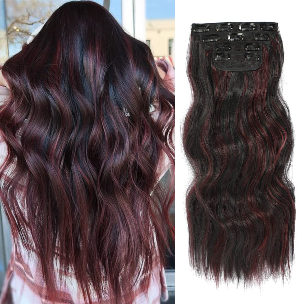 4PCS Clip in Hair Extensions 20Inch Black Hair Extensions Long Wavy Hair Extensions Clip Ins Synthetic Thick Hair Piece for Women(Black)