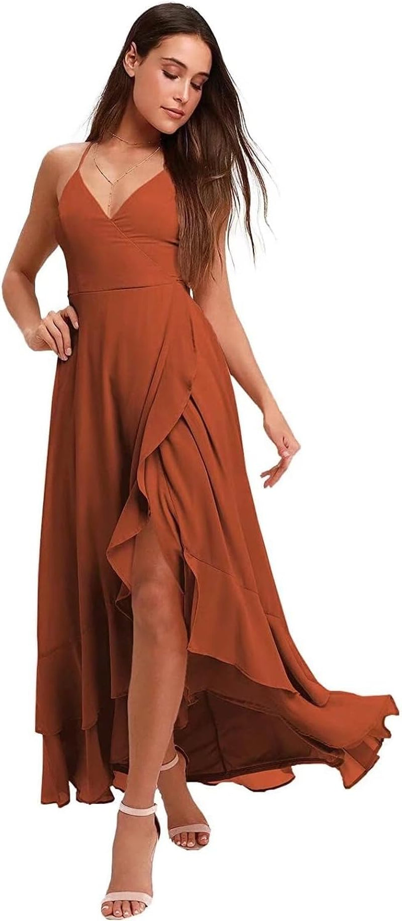 Spaghetti Strap Chiffon Bridesmaid Dresses Long for Women V Neck Slit High Low Formal Maxi Gown