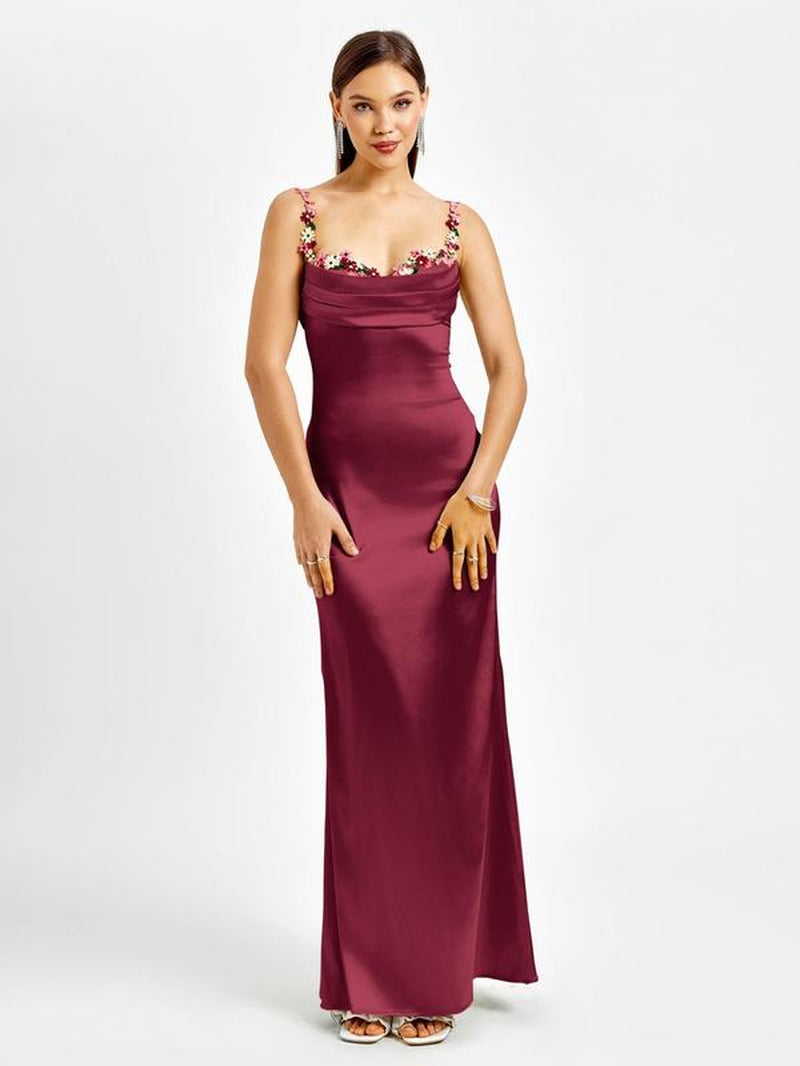 Parthea Backless Floral Embroidery Splicing Back Tie Mermaid Hem Bodycon Cami Dress,Suitable for Dates, Parties, Vacations and Formal Dinners