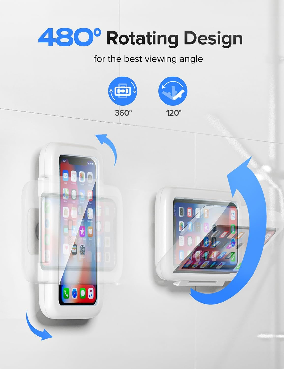 Shower Phone Holder Waterproof, 480° Rotatable Adjustable Bathroom Wall Phone Mount Stand, Anti-Fog High Sensitivity Iphone Case, anti Fog Case Bathroom Accessories for 4-7'' Cellphones