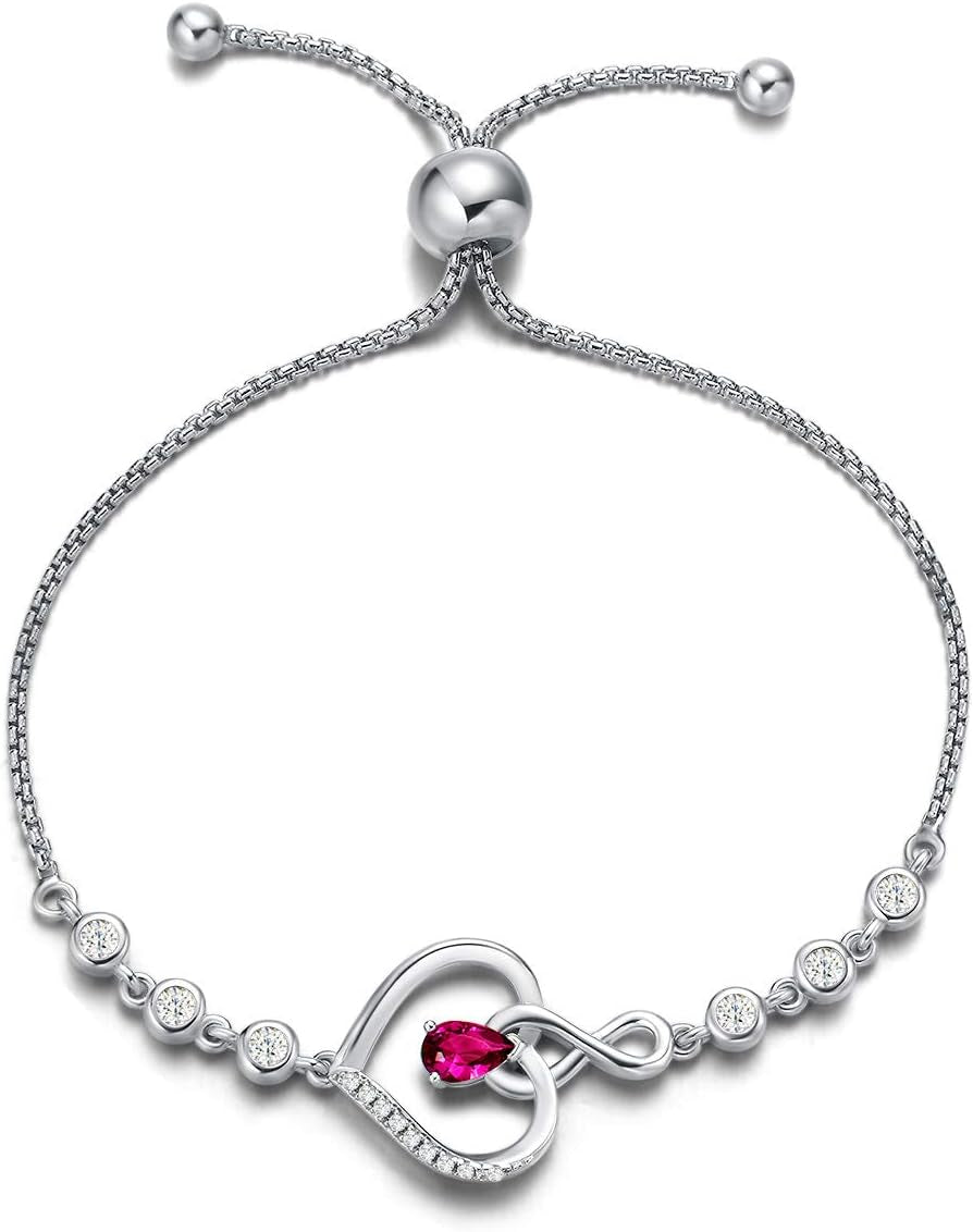 AGVANA Heart Birthstone Bracelets for Women Sterling Silver Genuine or Created Gemstone Tennis Bracelet Infinity Love Jewelry Anniversary Birthday Gifts for Wife Mom Women