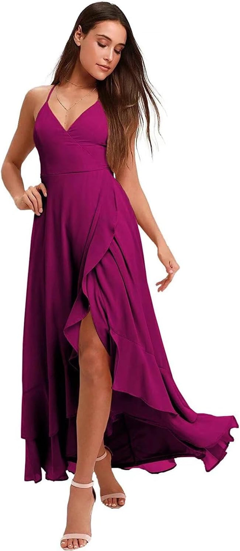 Spaghetti Strap Chiffon Bridesmaid Dresses Long for Women V Neck Slit High Low Formal Maxi Gown