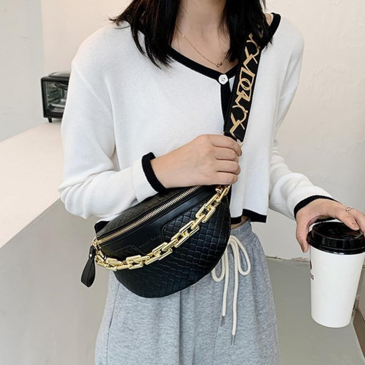 Thick Chain Women'S Fanny Pack Plaid Leather Waist Bag Shoulder Crossbody Chest Bags Luxury Designer Handbags Female Belt Bag (Black)