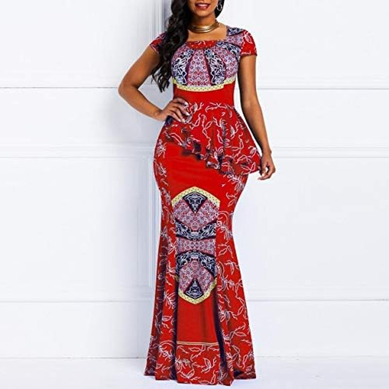 African Dress Cap Sleeve Square Neck Floor-Length Geometric Mermaid Maxi Dress Long Dress