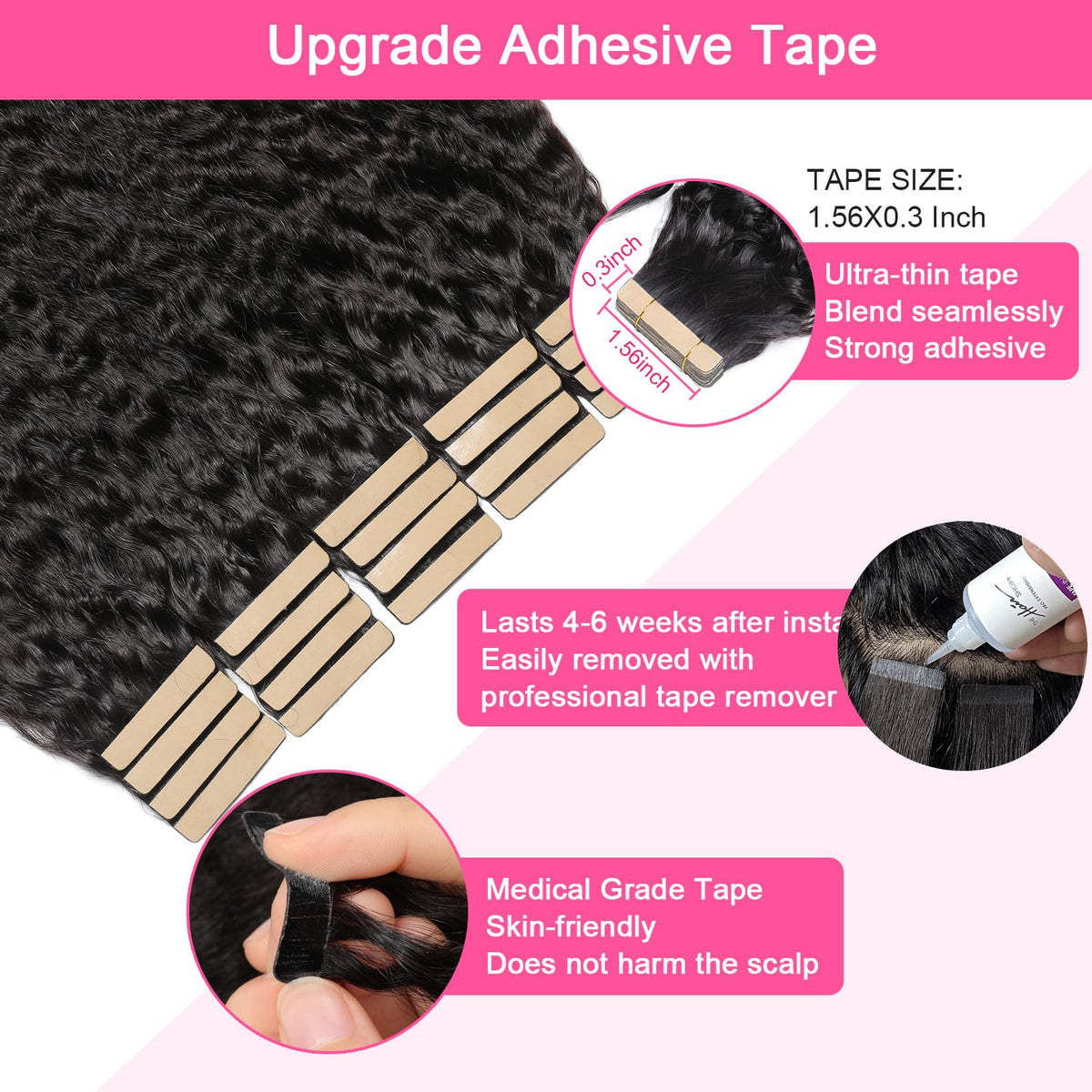 60PCS Tape in Hair Extensions Real Human Hair Kinky Straight Tape in Extensions Invisible Seamless Skin Weft Yaki Straight Human Hair Tape Ins for Black Women 12 Inch